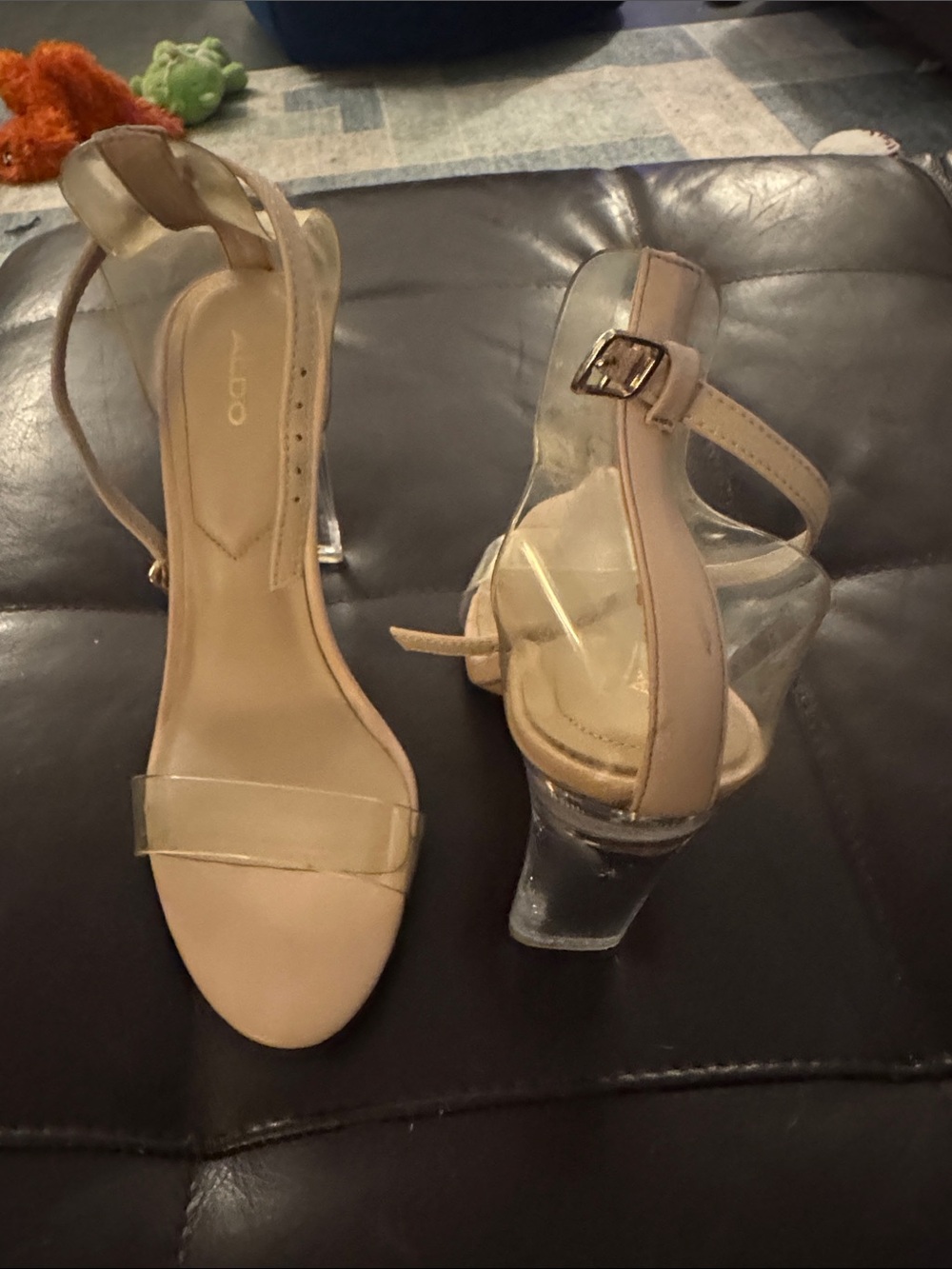Aldo Nude Beige Clear Strap Block Heel Sandals